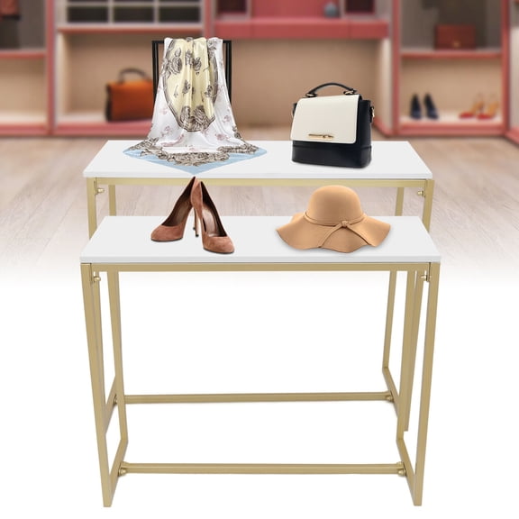 Metal Shoe Handbag Display Stand, Nesting Tables 2 Piece Set, Display Riser Shelf for Retail Stores, Steel Pipe and Melamine Board, Gold