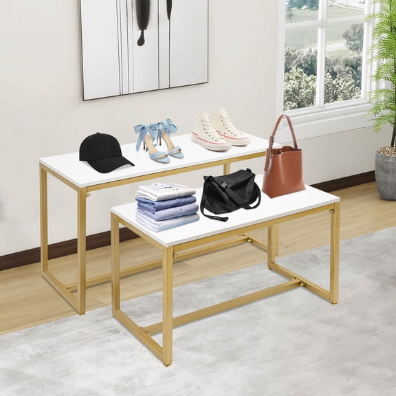 Metal Shoe Handbag Display Stand, Nesting Tables 2 Piece Set, Display Riser Shelf for Retail Stores, Steel Pipe and Melamine Board, Gold