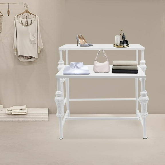 Metal Shoe Handbag Display Stand Set of 2  Retail Display Tables Standing Nesting Tables Boutique Display Riser Shelf Retro Unit Storage Shelves for Living Room Laundry Room (White)