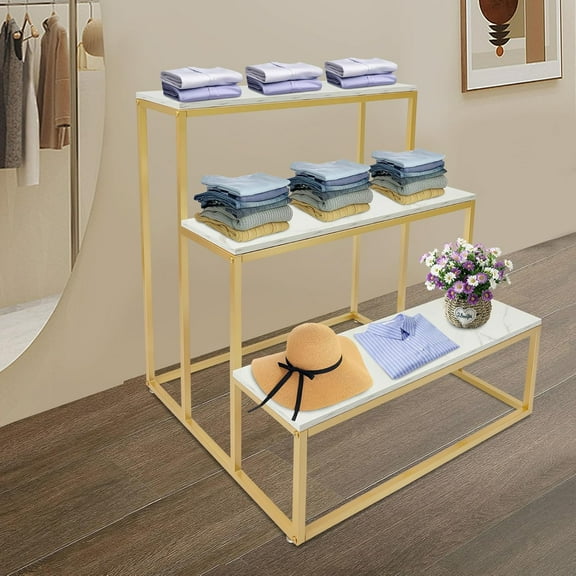 Metal Shoe Handbag Display Table, 3 Tier Retail Nesting Display Stand, Heavy Duty Modern Standing Display Riser Shelf, Standing Clothing Shoes Table for Retail Stores