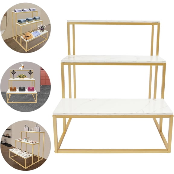 Metal Shoe Handbag Stand 3 Tier Standing Riser Boutique Nesting Table with Gold Metal Frame and White Wood Tabletop Retail Stores Display Table 220lbs