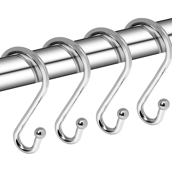 Metal Shower Curtain Hooks, Set of 12, Rust Proof Shower Curtain Hooks Rings, Durable S Shaped Hooks Hangers for Shower Curtains, Kitchen Utensils, Clothes, Towels (Chrome)