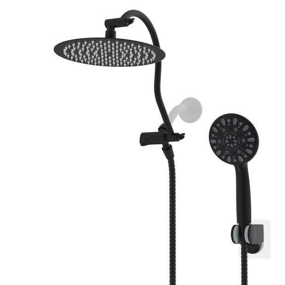 All Metal Shower Head,10 Inch High Pressure Rainfall Shower Head/Handheld Showerhead Combo/ 12 Inch Adjustable Curved Shower Extension Arm,7-Spray,71-inch Hose Adhesive Showerhead Holder,Matte Black
