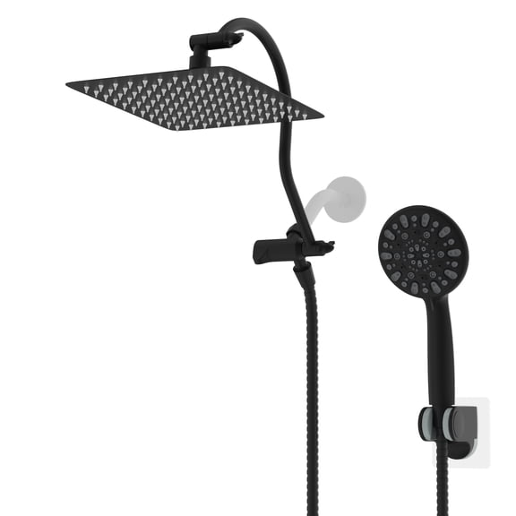 CADOVE All Metal 10'' High Pressure Rainfall & Handheld Shower Head Combo, 7-Spray, 12'' Adjustable Curved Extension Arm, 71'' Hose & Adhesive Showerhead Holder, Matte Black Finish