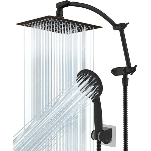 All Metal Shower Head, 8'' High Pressure Rain Shower Head/Handheld Showerhead Combo with 16'' Adjustable Arc Shower Extension Arm, 7-Spray, 71'' Hose Showerhead Holder, Oil Rubbed Bronze