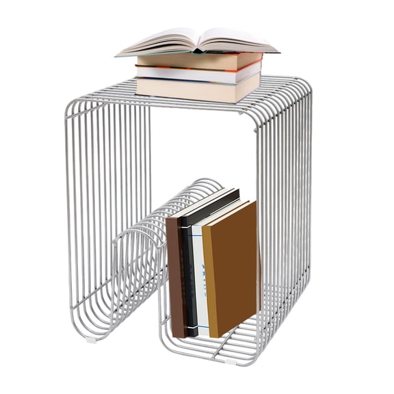 Metal Side Table,Creative Shape Bedside End Table with Magazine Rack,Wire Cube Storage Rack,For Living Bedroom Office Apartment (Silver, 13x13x17)