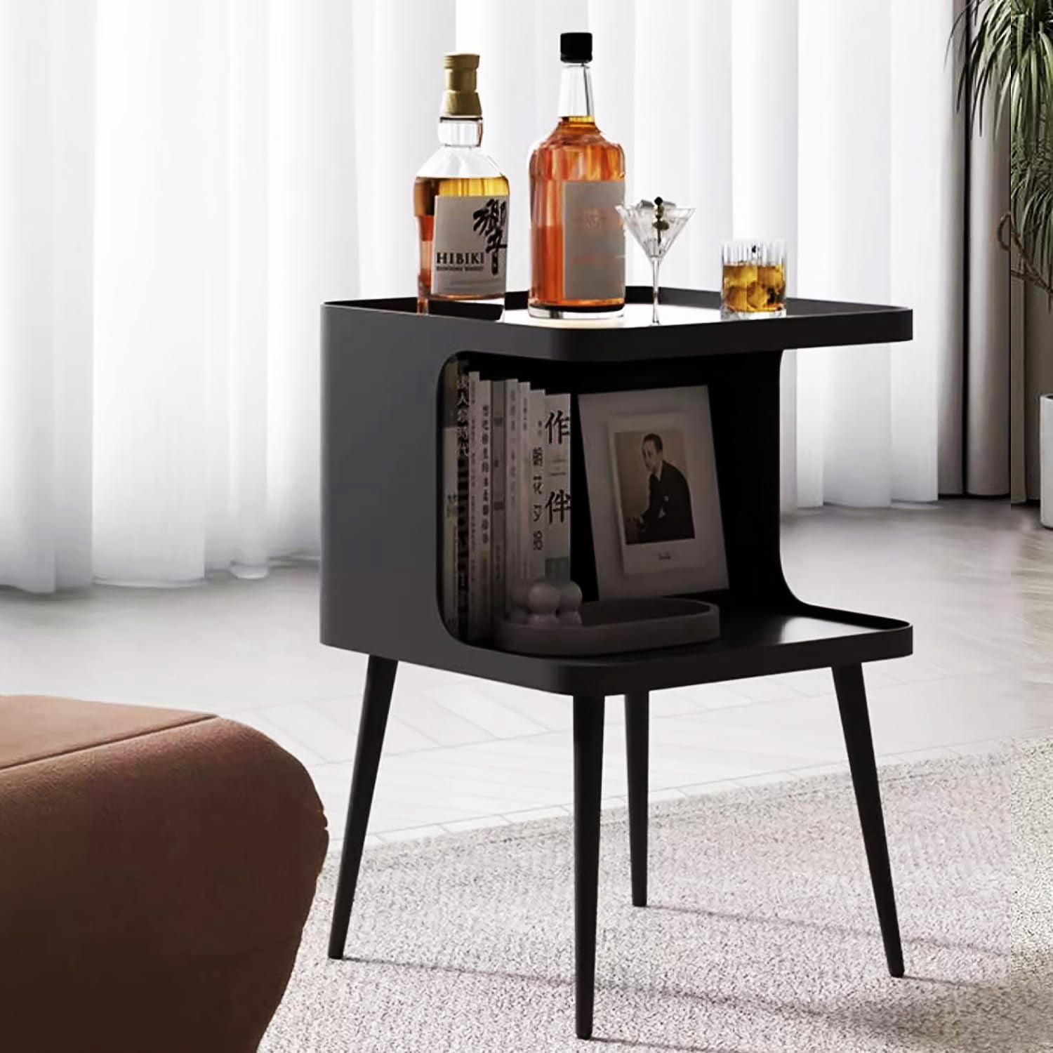 Modern Metal Side Table / Nightstand With Open Shelf - Compact Black End Table For Living Room, Bedroom, Small Spaces