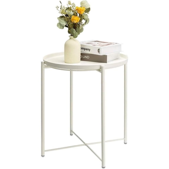 Metal Side Table, Side Table for Small Spaces Outdoor Patio Side Table Circle Metal Bedside Table Waterproof Removable Tray Round Accent Table for Nursery Bedroom Balcony Office(White)