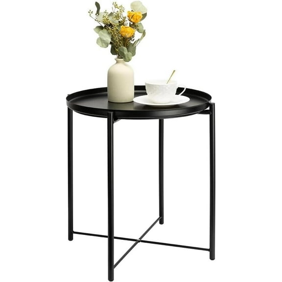 Metal Side Table, Side Table for Small Spaces Outdoor Patio Side Table Circle Metal Bedside Table Waterproof Removable Tray Round Accent Table for Nursery Bedroom Balcony Office(Black)