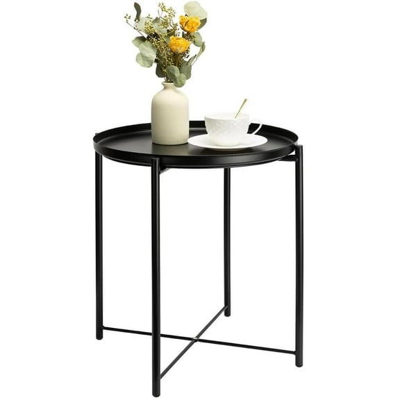 Metal Side Table, Side Table for Small Spaces Outdoor Patio Side Table Circle Metal Bedside Table Waterproof Removable Tray Round Accent Table for Nursery Bedroom Balcony Office(Black)