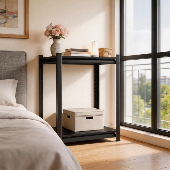 Metal Side Table, Small End Table, Modern Nightstand with 2-Tier Storage Shelves, Industrial Bedside Table for Living Room, Bedroom, Office, Small Spaces, Sturdy Frame, Easy Assembly, Black
