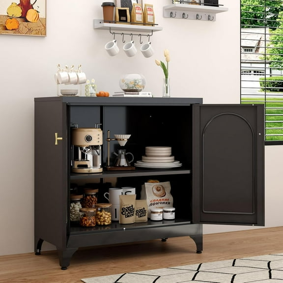 Metal Sideboard Buffet Cabinet with Storage,33 Inch Coffee Bar Cabinets with Adjustable Shelf, Black Kitchen Sideboard Cabinet for Dining Room, Living Room
