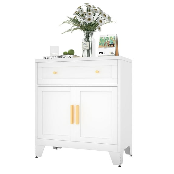 Elegant Metal Sideboard Cabinet with Big Drawer,Buffet Cabinet with Adjustable Shelves,Metal Storage Cabient for Kitchen,Dining Room,Entryway,White