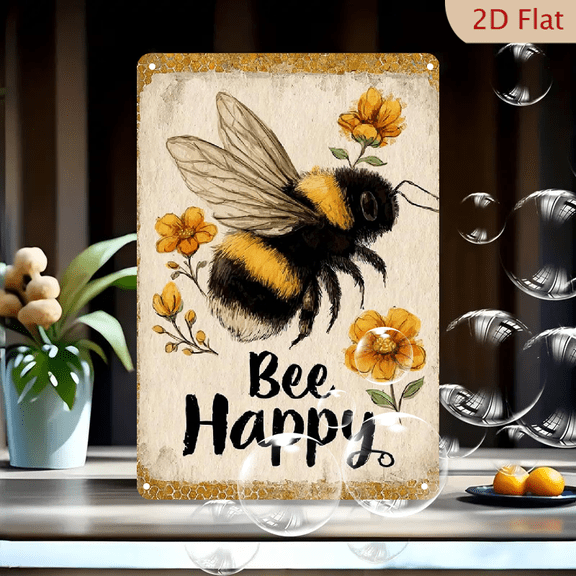 Metal Sign 128in Bee Happy - Vibrant Bumblebee Flower Design, Perfect for Spring Summer Outdoor Yard Decor, Bee Decor