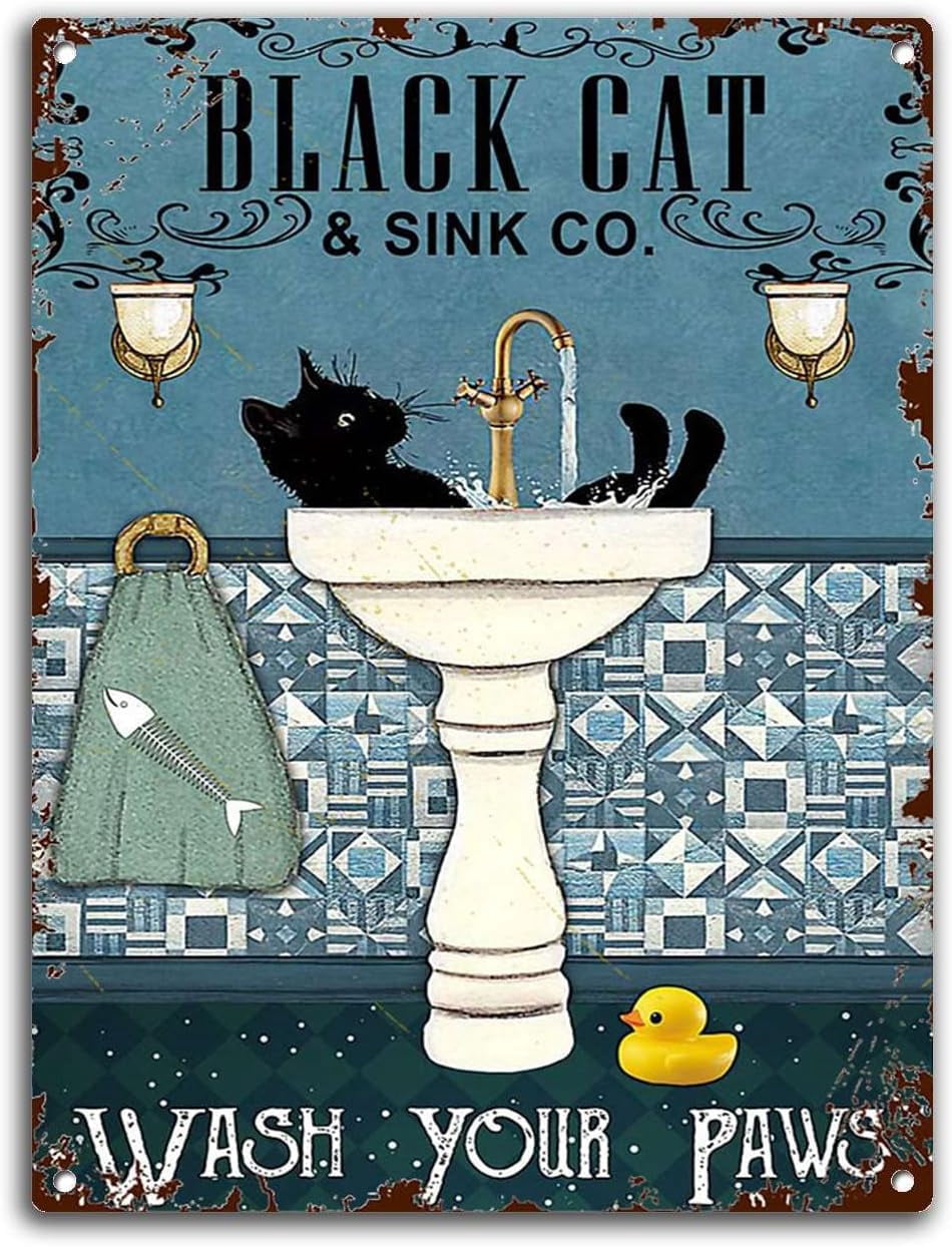 Metal Sign 8x12 Inches Retro Tin Sign Cat Black Cat and Sink Co Wash ...