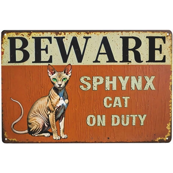 Metal Sign Beware Spxynx Cat On Duty Metal Tin Sign Retro Wall Decor for Home Office Bar Kitchen Garage 8x12 inch