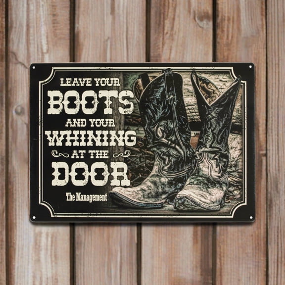 Metal Sign Boots and Whining at Door, Size 8x12