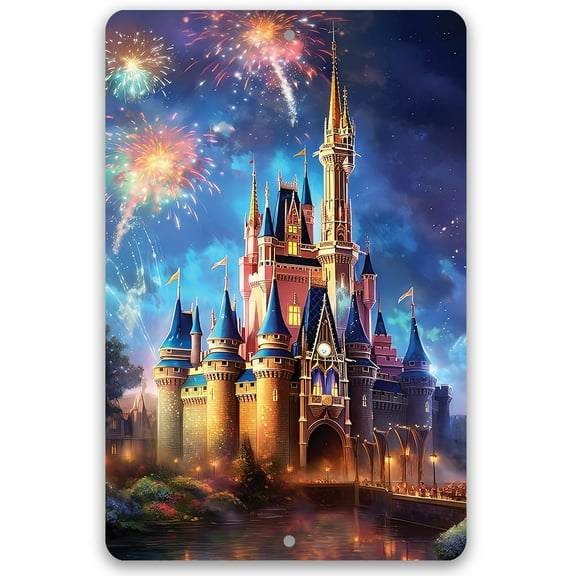 Metal Sign - Disney Magic Castle-Durable Metal Sign-Use Indoor/Outdoor - Disney Theme Park Portrait for Home, Disneyland, Playroom, Nursery, and Kids Room Display, Gift for Walt Disney Fans (8" x 12")