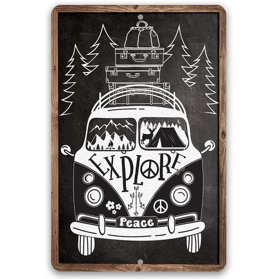 Metal Sign - Explore in a Volkswagen, Peace (Chalkboard Style) - Durable Metal Sign - Use Indoor/Outdoor - Makes a Great RV Decor and Gift For Avid Campers and Outdoorsy Friends Under $25 (12" x 18")