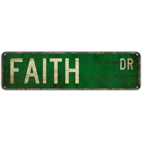 Metal Sign FAITH DR Vintage Signs Retro Tin Signs Art Plaque Aluminum Sign for Bedroom Kitchen Garden Wall Bar Club Coffee Hanging Sign Home Decor 4x16 Inch