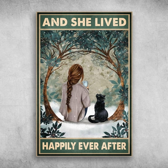 Metal Sign Girl With Black Cat And She Lived, Happily Ever Afte Sign Vintage Funny Sign Retro Aluminum Tin Signs for Home Farm Garden Bar Bathroom Kitchen 6x8 Inch