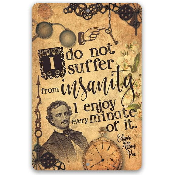 Metal Sign - I Do Not Suffer From Insanity, I Enjoy Every Minute Of It - Edgar Allan Poe - Durable Metal Sign - Use Indoor/Outdoor - Mental Health Advocacy Decor and Gift (12" x 18")