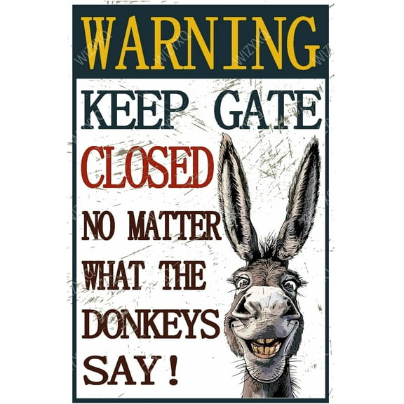 Metal Sign: Keep Gate Closed - Funny Donkey Sign, Vintage Tin, Aluminum, Retro Wall Decor for Farmhouse, 8x12 Inches