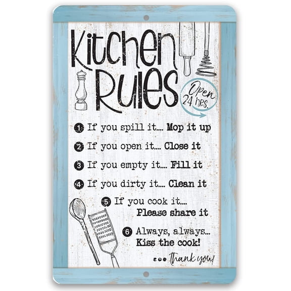 Metal Sign - Kitchen Rules, Open 24 Hrs. - Durable Metal Sign - Use Indoor/Outdoor - Makes a Funny Kitchen Decor and Housewarming Gift Under $25 (12" x 18")