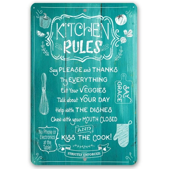 Metal Sign - Kitchen Rules Strictly Enforced - Durable Metal Sign - Use Indoor/Outdoor - Makes a Funny Kitchen Decor and Housewarming Gift (12" x 18")
