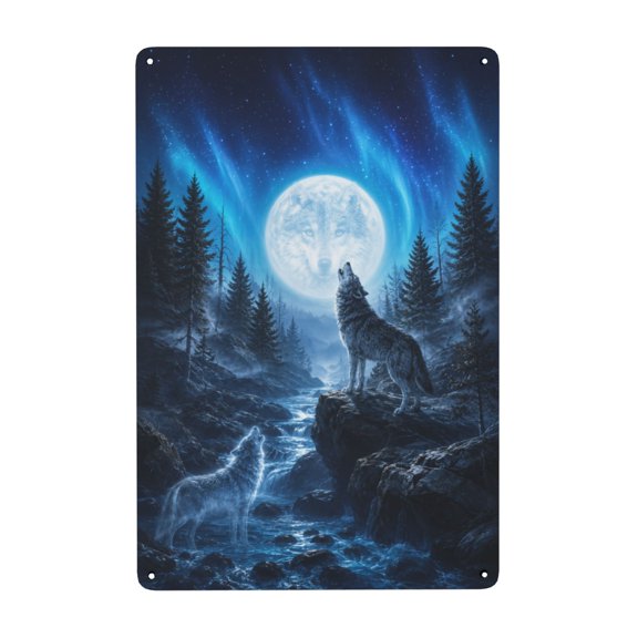Metal Wall Decor 8x12 - Wolves Howling at Moon Night Scene Rustic Sign
