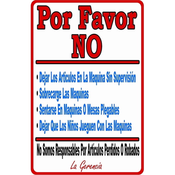 Metal Sign Laundromat Rules Spanish Signs for Outdoor & Indoor 8 X 12 Inch