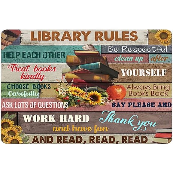 Metal Sign Library Rules Retro Tin Sign Cafe Bar Decoration Poster Home Plaque Art Sign 8x12 Inch