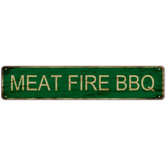 Metal Sign Meat Fire BBQ Vintage Signs Retro Tin Signs Aluminum Sign for Kitchen Home Garden Wall Bar Cafe Decor 4x16 Inches