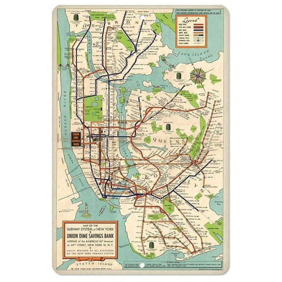 Metal Sign - New York Subway Map 1948 - Durable Metal Sign - Use Indoor/Outdoor - Great Vintage Gift and Decor for History Buffs and Old Map Enthusiasts Under $20 (8" x 12")