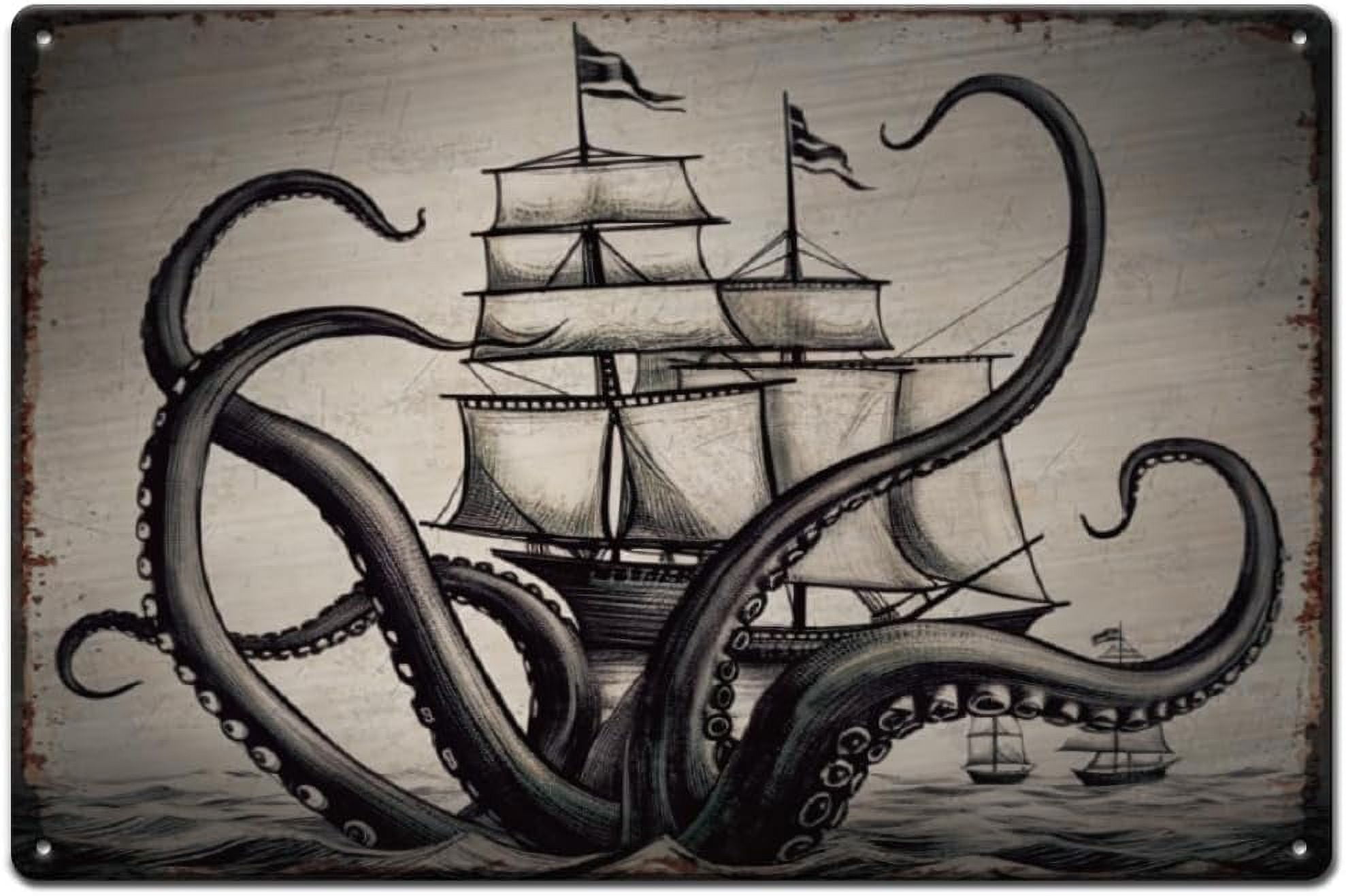 Metal Sign Octopus Sailboat Tin Signs Octopus Dnder the Sailboat Metal ...