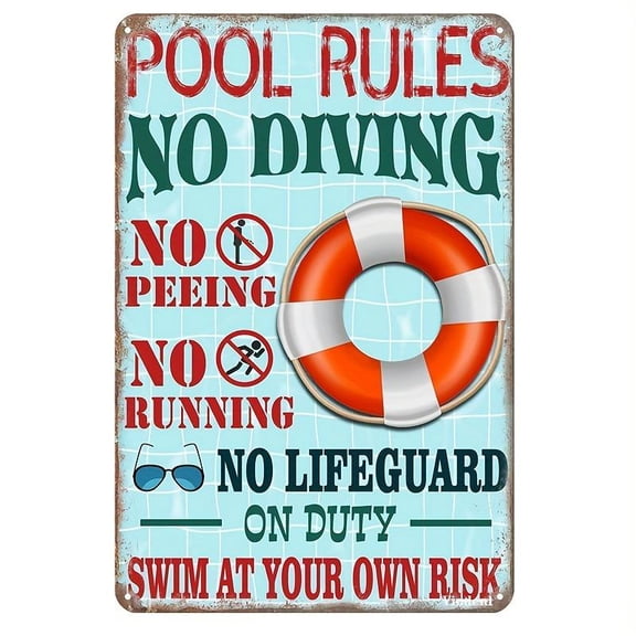 Metal Sign Pool Rules Swim At Your Own Risk Wall Art Funny Swimming Pool Signs Decor Outdoor 12x8 Inches