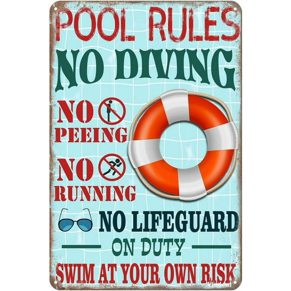 Metal Sign Pool Rules Swim At Your Own Risk Wall Art Funny Swimming Pool Signs Decor Outdoor 12x8 Inches