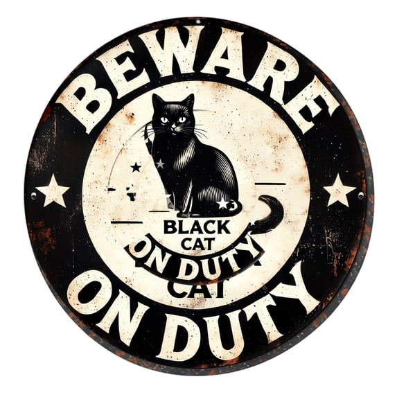 Metal Sign Round Black Cat Print Vintage Distressed Decor Rustic Farmhouse Wall Decor for Home Cabin Man Cave Entryway Living Room Bedroom