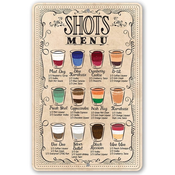 Metal Sign - Shots Menu - Durable Metal Sign - Use Indoor/Outdoor - Makes a Great Bar Decor and Housewarming Gift Under $20 (8" x 12")