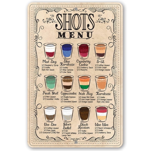 Metal Sign - Shots Menu - Durable Metal Sign - Use Indoor/Outdoor - Makes a Great Bar Decor and Housewarming Gift Under $20 (8" x 12")
