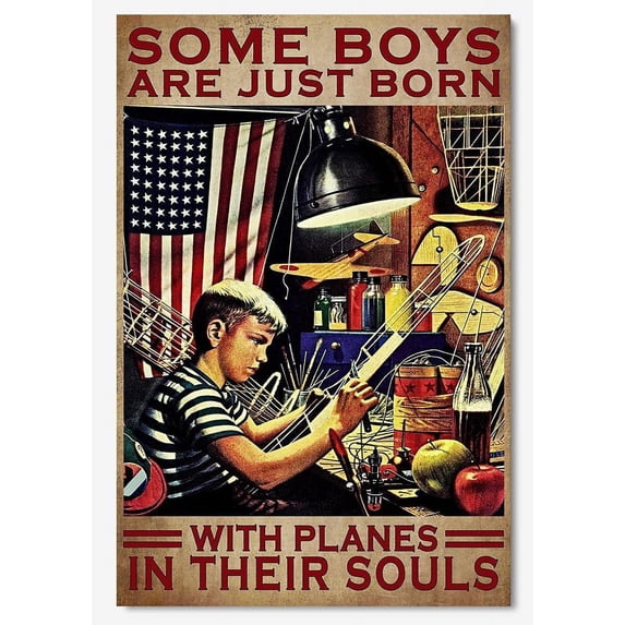 Metal Sign Some Boys Are Born With Planes In Their Souls Sign Vintage Funny Sign Retro Aluminum Tin Signs for Home Farm Garden Bar Bathroom Kitchen 8x12 Inch