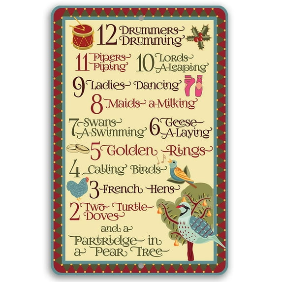 Metal Sign - The 12 Days of Christmas - Durable Metal Sign - Use Indoor/Outdoor - Makes a Great Christmas Decor and Inspirational Gift (12" x 18")