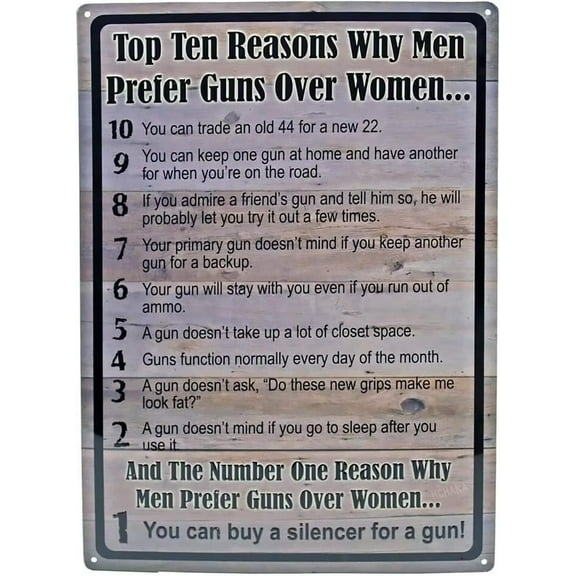 Metal Sign Tin Metal Sign Top Ten 10 Reasons Why Men Prefer Guns Over Women Funny 8x12 in