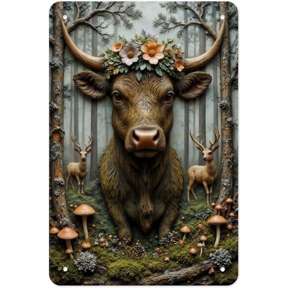 Metal Signs Floral Horned Creature with Deer Friends Retro Metal Tin Sign for Home Office Kitchen Bar Cafe Garden Vintage Wall Decor 12x8 Inch