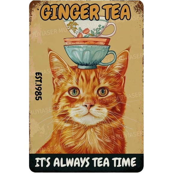 Metal Signs Ginger Tea Cat Vintage Signs Retro Aluminum Tin Sign for Toilet Washroom Garden Home Bar Cafe Decor 8x12 Inch
