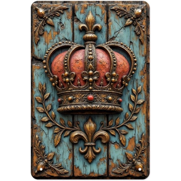 Metal Signs Ornate Crown on Textured Wooden Panel Retro Metal Tin Sign for Home Office Kitchen Bar Cafe Garden Vintage Wall Decor 12x8 Inch