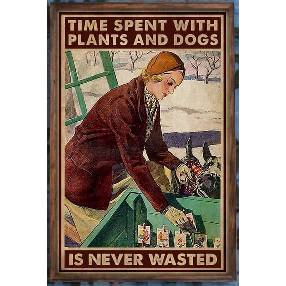 Metal Signs Outdoor Gardener Gardening Girl Dog Time Spent with Plants and Dogs is Never Wasted Metal Signs Vintage Room Decor Aesthetic Wall Art Tin Sign Gift for Garage Bathroom 8x12 inch