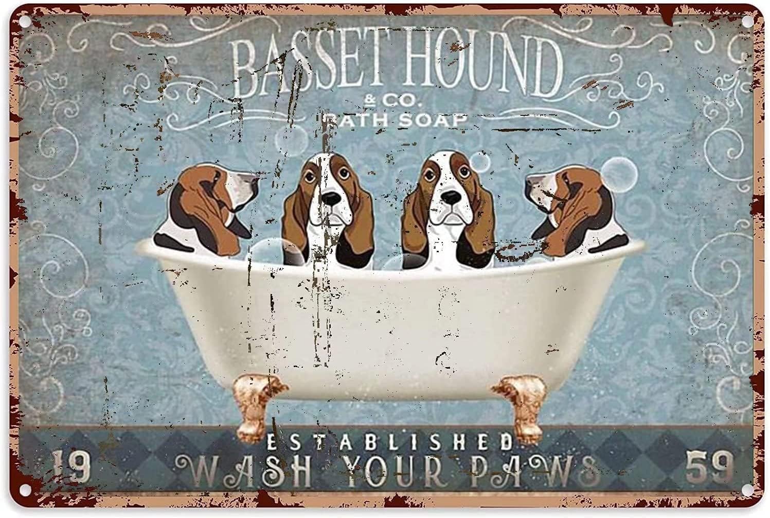 Targa In Metallo 20x30 Cm Con Cane Terranova - Poster Retrò Divertente 'Wash Your Paws' Per Bagno O Cucina