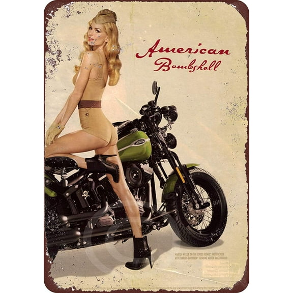 Metal Signs Vintage Basement Decor Art U.S. WWII Vintage 1943 Motorcycle Pinup Girl Tin Sign 8" x 12" Retro Novelty Pub Wall