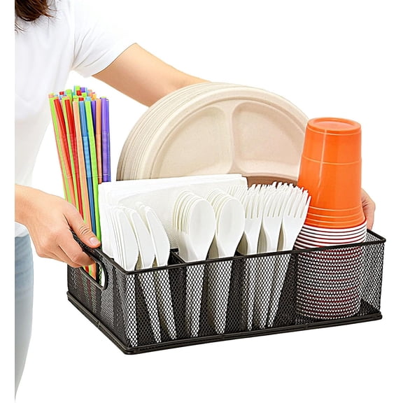 Metal Silverware Caddy for Countertop – 7 Compartment Paper Plate and Utensil Organizer with Side Handles – Cutlery Holder for Party, Buffet, Picnic, or Kitchen Table
